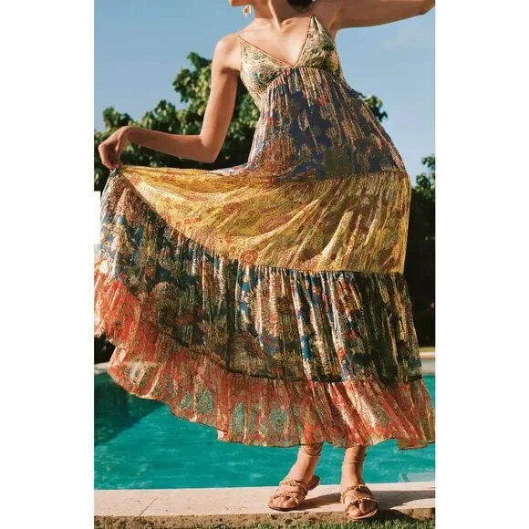Verb by Pallavi Singhee Echo Tiered Maxi Dress in a multi-color metallic viscose - Picture 9 of 10